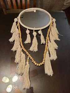 Boho wood beaded fabric wrapped mirror. Cream with tassels. - Picture 1 of 8