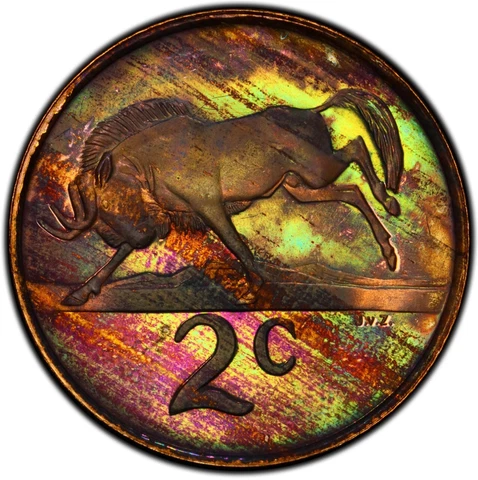 PR65RB 1984 South Africa 2 Cent Proof, PCGS Secure- Unique Rainbow Toned Cover