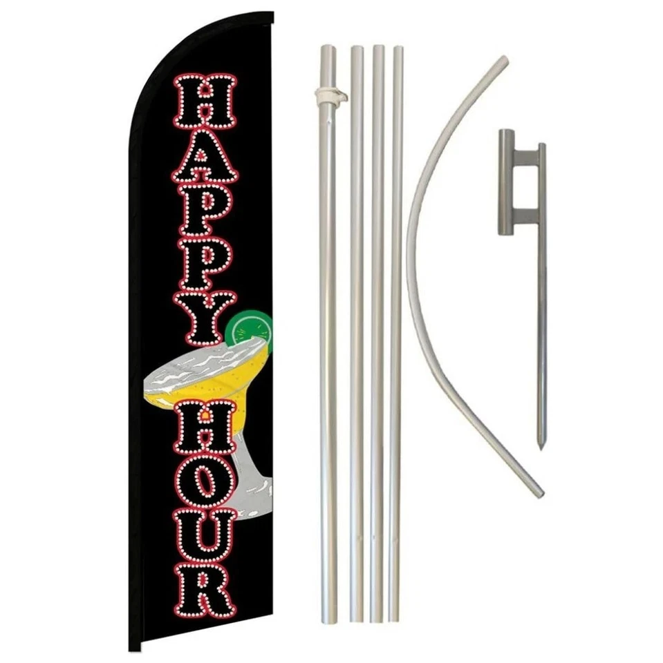 Happy Hour Black Advertising Windless Banner Flag & Flag Pole Kit & Ground Spike - Image 1 of 1