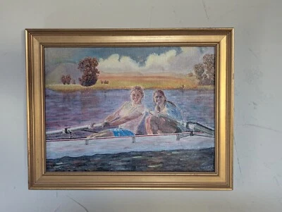 Оригинальная современная картина маслом в рамке с автографом двух гребущих девочек - Изображение 1 из 4