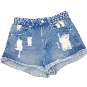 Pantaloncini donna denim Honey Punch piccoli blu vita alta invecchiati boho - Foto 1 di 7