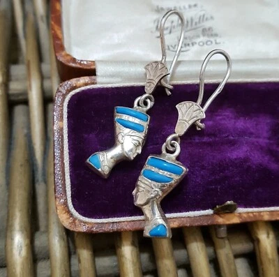 Pendientes Vintage Plata Maciza, Pendientes Reina Neferti Turquesa, Egipcios, 800 Foto 1 de 4