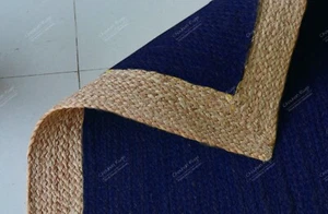 Natural Handwoven Braided Jute Rug Navy Blue & Beige Border Vintage Rag Rugs - Picture 1 of 5