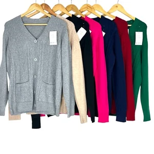 New Womens V Neck Knitted Cardigan with Pockets Long Sleeve Ladies Jumper UK - Picture 1 of 23