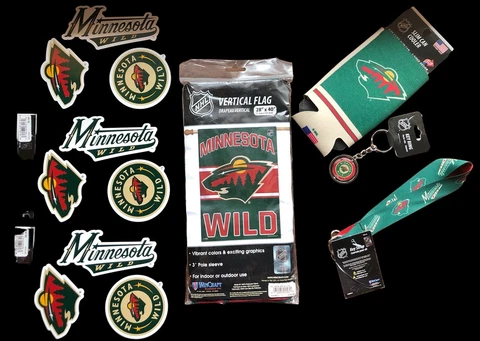 Minnesota NHL Wild Fan Accessories Lot -Decals Flag Keychain Lanyard Koozie Cover