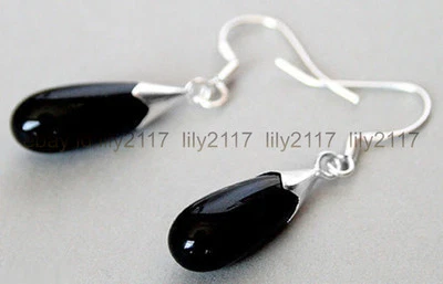 Pretty Black Agate Gemstone Teardrop Dangle Earrings 925 Silver Hook - Image 1 of 4