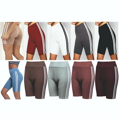 Ladies Womens Shorts Cycle Gym Running Yoga Run Leggings Stretch Striped NEW  - Image 1 of 4