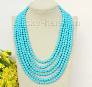 AAA natural 17"-22" 6row 6mm round turquoise bead necklace magnet clasp j10004 - Picture 1 of 4