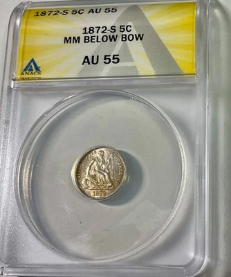 1872 S mm below bow USA Half Dime ANACS AU55 nice lustrous piece ! - Image 1 of 2