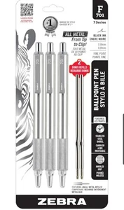 3-Pack Zebra F-701 Ballpoint Pens + 2 bonus refills - Stainless Steel -Black Ink - Picture 1 of 3