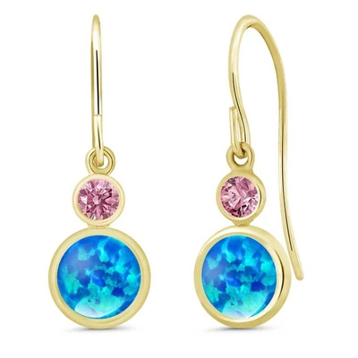 1.76 Ct   Blue Simulated Opal Pink Lab Grown Diamond 14K Yellow Gold Earrings - Image 1 of 3
