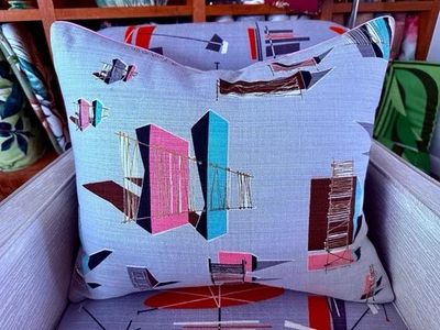 Atomic Bridge Spans Atomic 1950's Barkcloth Atomic Pillow Cover Vintage Fabric - Image 1 of 4