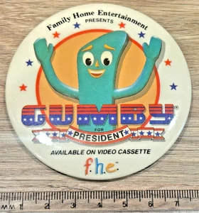 1987 GUMBY FOR PRESIDENT VIDEO PROMO PINBACK VINTAGE BADGE BUTTON POKEY - Picture 1 of 2