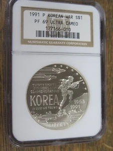 1991-P Korean War Proof Silver Dollar NGC PF69 Ultra Cameo Coin - Picture 1 of 4
