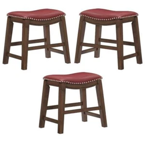 Home Square 18" Faux Leather Saddle Dining Stool in Red - Set of 3 - Picture 1 of 7