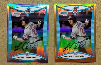 2008 BOWMAN CHROME DRAFT AUTO 2 CARD LOT LONNIE CHISENHALL BDPP112 ORANGE SILVER - Imagem 1 de 3