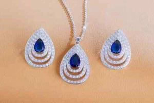 Women Jewelry Set 6Ct Pear Cut Lab Created Sapphire Wedding 14KWhite Gold Plated - Picture 1 of 4
