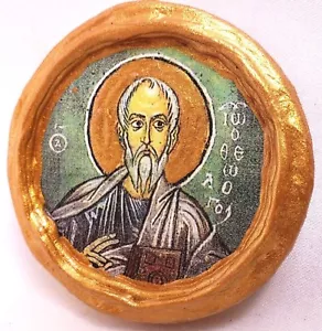 Saint John Theologian AGIOS IOANNES Miniature Round Rare Byzantine Icon on Wood - Picture 1 of 11