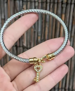 Signed DSMK Stainless Steel Gold Plated Crystal Rhinestone Key Charm Bracelet - Picture 1 of 4