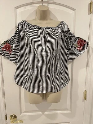 Ambiance 1X Top Rayas Negro Media Manga Rosa Rojo Cosido Foto 1 de 4