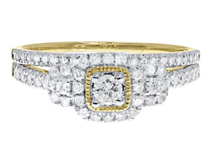 14K Yellow Gold Ladies 3 Stone Halo Diamond Engagement Bridal Ring Set 1/2ct - Picture 1 of 4