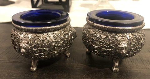 Beautiful Pair Of Repousse Sterling Silver Open Salts With Cobalt Glass Inserts Cover