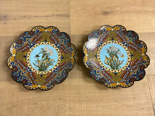 Large Pair set 12"D Japanese Meiji Cloisonne Charger Lobbed Flowers Butterfly