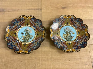 Large Pair set 12"D Japanese Meiji Cloisonne Charger Lobbed Flowers Butterfly - Picture 1 of 8