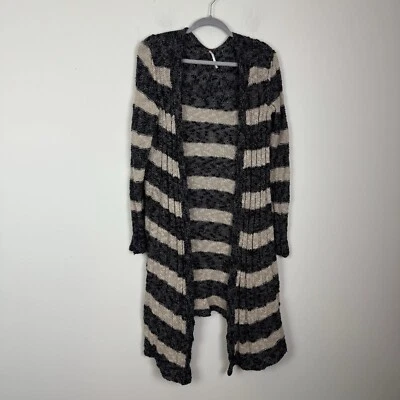 Cárdigan Free People Azul Tostado Rayas Mujer Talla Mediana Mezcla de Lino Frente Abierto Foto 1 de 4
