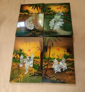 Orientalisches Perlmutt farbiger Lack Holzkunst 4 Tafeln wie besehen - Bild 1 von 12
