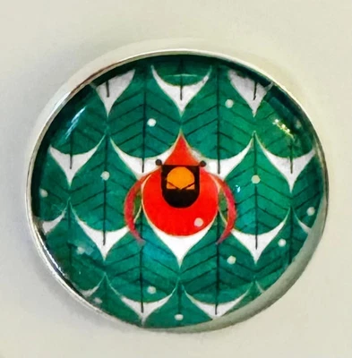 Charley Harper Cardinal Red Bird Songbird 1" Glass Metal Picture Sewing Button - Image 1 of 4