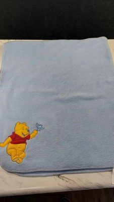 Vtg Disney Baby Winnie the Pooh Blue Fleece Blanket Embroidered Vintage  36 X 40 - Image 1 of 3