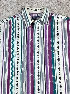 VTG Aztec Western Wrangler Shirt Mens 90s Cowboy White Green Purple Size 15 1/2 - Picture 1 of 7