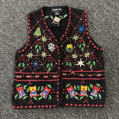 Suéter Vintage Hampshire Studio Tacky Navidad Chaleco Campanas Cuentas PM Feo Navidad Foto 1 de 4