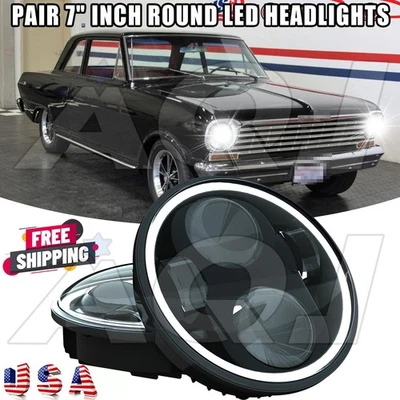 For Chevrolet Chevy II 1964-1967 Pair 7 inch Round LED Headlight Hi/Lo Beam - Изображение 1 из 4