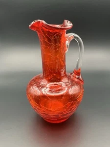 Crackle Glass Pitcher w/ Clear Applied Handle Amberina Red. Glows. 4.75” Tall - Picture 1 of 14