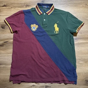 Polo Ralph Lauren Custom Slim Fit MEDIUM Maroon Navy Green Gold Crest Polo Shirt - Picture 1 of 14