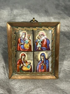 VINTAGE MADONNA UND KIND - EMAILLIERTER B - MESSINGRAHMEN - SCHRIFT AUF RÜCKSEITE - 2,5 X 2" - Bild 1 von 5