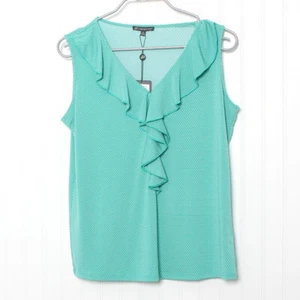 Adrianna Papell Green Polka Dot Sleeveless Ruffle VNeck Poly Top NWT Med - Picture 1 of 9
