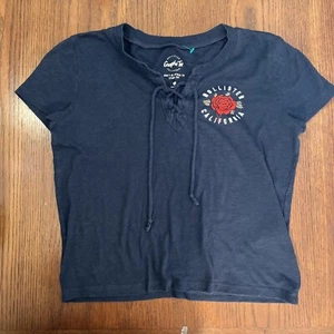Marineblaues Hollister Graph T-Shirt Damen XS rose mit V-Zug Kordelzug Ausschnitt WEICH - Bild 1 von 8