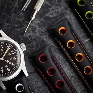 Leather Rally Watch Strap | Soft Calfskin | 20mm 22mm 24mm | Red Orange White - Picture 1 of 20