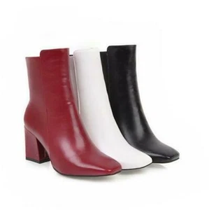 Women's Leather Mid Heel Square Toe Pull on Ankle Boots Shoes Fashion Plus Size - Picture 1 of 11
