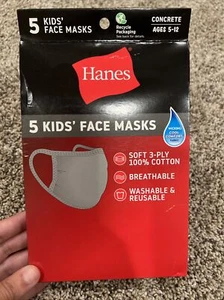 Hanes Gray Kid’s Face Mask 100% Cotton Reusable washable (5 each Package)- NEW - Picture 1 of 9