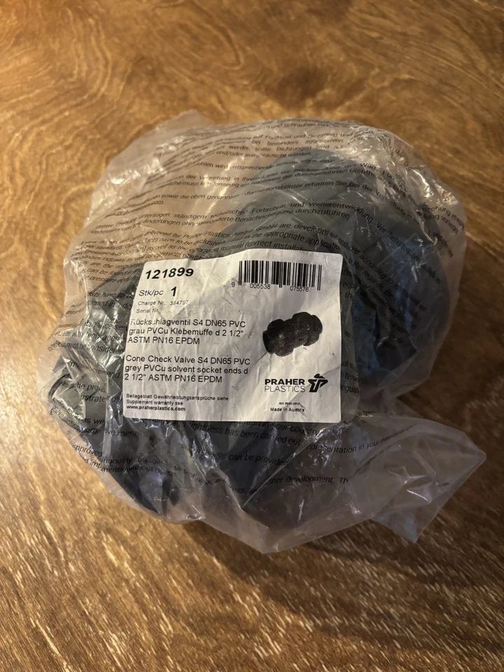 PRAHER PLASTICS 121899 Cone Check Valve S4 DN65 PVC Socket Ends 2-1/2 Inch New - Image 1 of 4