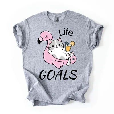 Kawaii Cat Riding Flamingo Inflatable Pool Float Life Goals Funny Women T-Shirt - Image 1 of 2