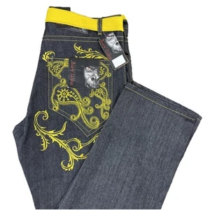 Red Ape Jeans Men's 40 x 34 Embroidered Yellow Baggy Wide Leg Y2K NWT - Picture 1 of 19