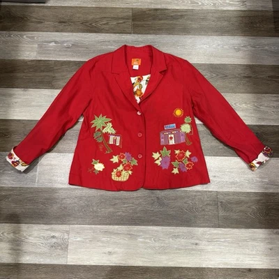 Hearts Of Palm Red Blazer Women’s Sz 14 Tropical Island Cafe 3 Button Lined EUC - Image 1 of 4