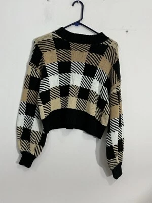 Suéter pulôver feminino Forever 21 Contempory M preto bronzeado branco xadrez - Imagem 1 de 4