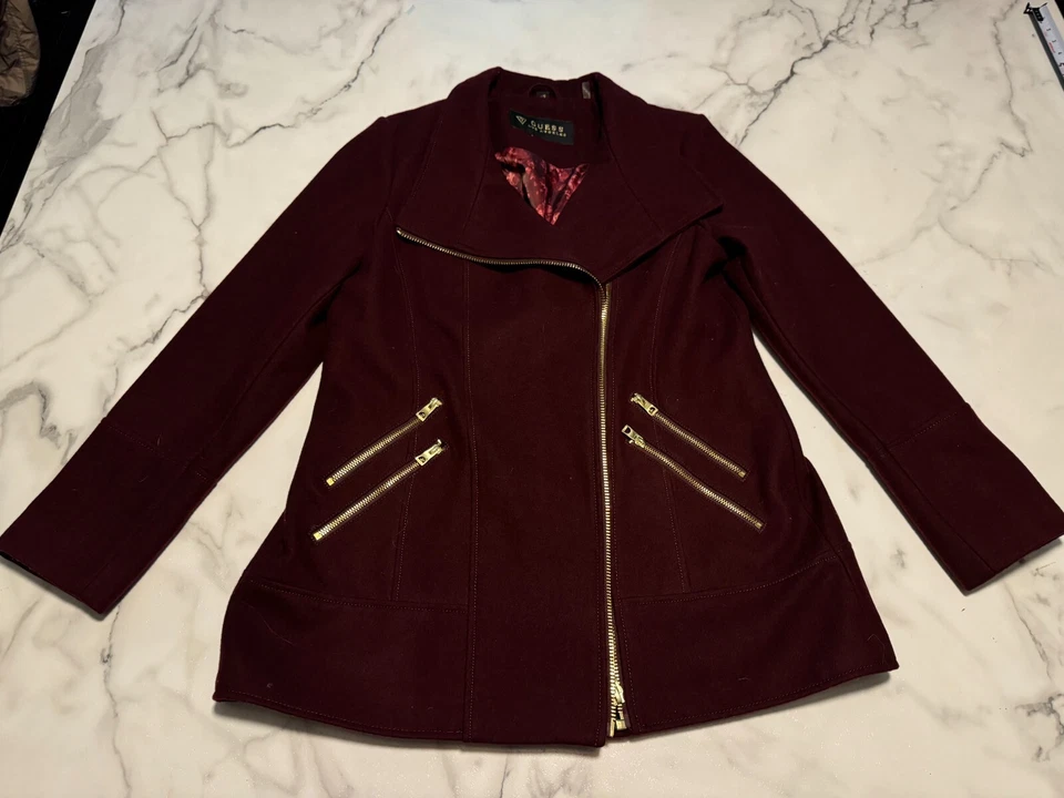 Chaqueta GUESS Moto Mujer Grande Granate Forrada Lana Manga Larga Lado del Acantilado Cremallera Completa Foto 1 de 4