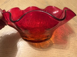 Vtg Tangerine Husted Blenko Amberina Crackle Glass Ruffle Bowl MCM Mod Chic L👀K - Picture 1 of 3